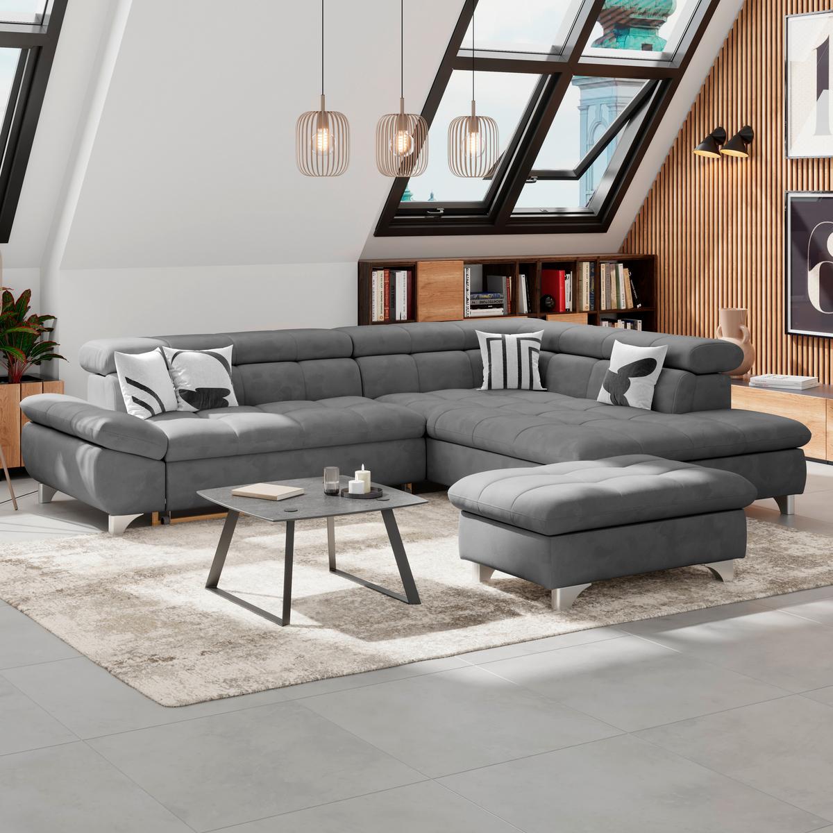 Ecksofa Gemini Dunkelgrau, B: 312cm - Chromfarben/Dunkelgrau, KONVENTIONELL, Textil (312/234cm)