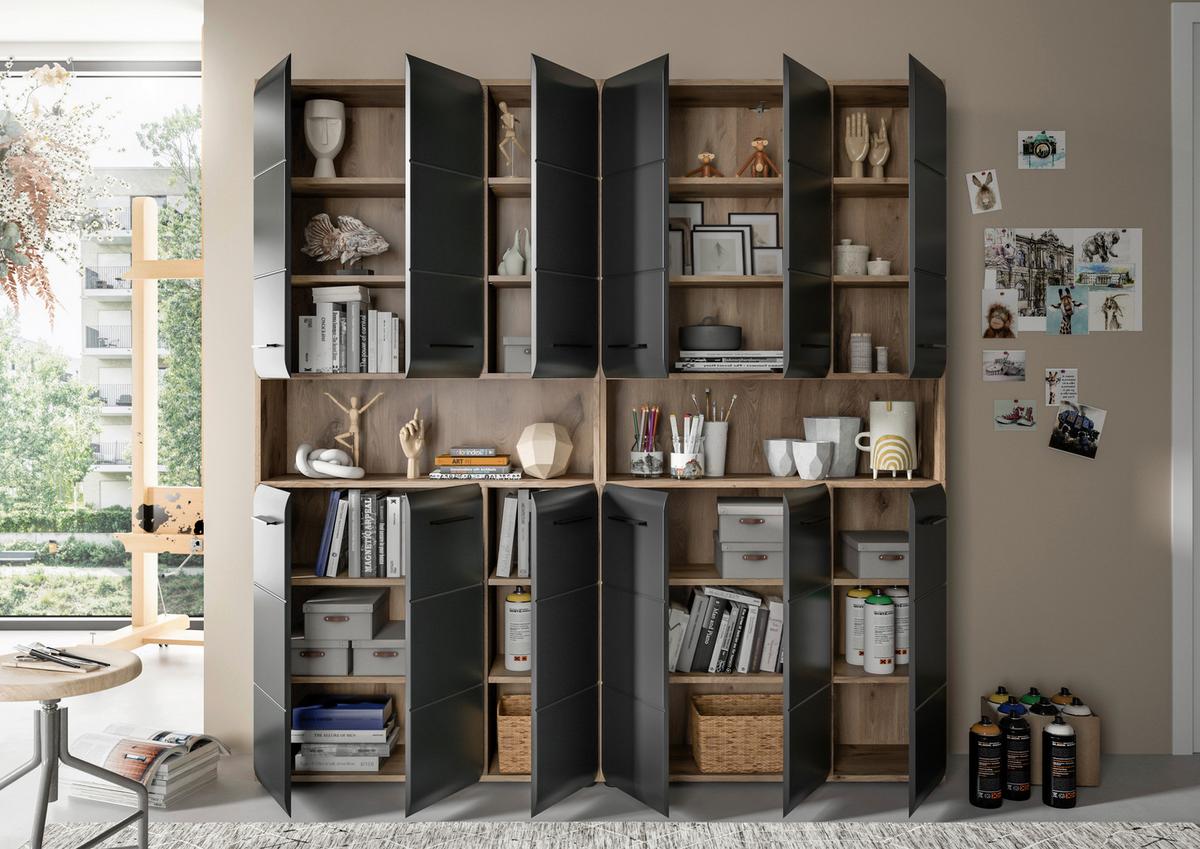 Hochschrank Ice Schwarz/Eiche Dekor B: 180cm - Eiche dunkel/Schwarz, Basics, Holzwerkstoff (180/185/30cm) - MID.YOU