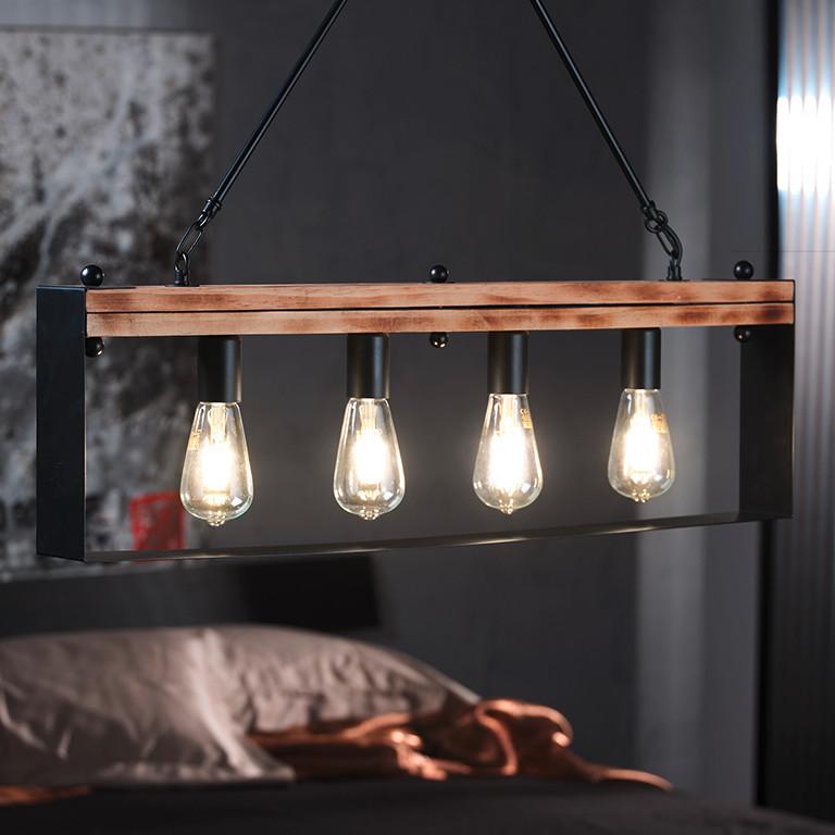 Hängeleuchte 5046/S4 - Schwarz/Braun, Natur, Holz/Metall (80/8/100cm)