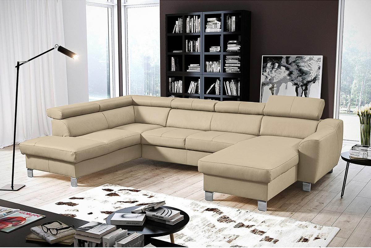 Wohnlandschaft Aspen Lederlook Beige 208x315x175 cm - Chromfarben/Beige, Design, Leder/Textil (208/315/175cm) - Livetastic