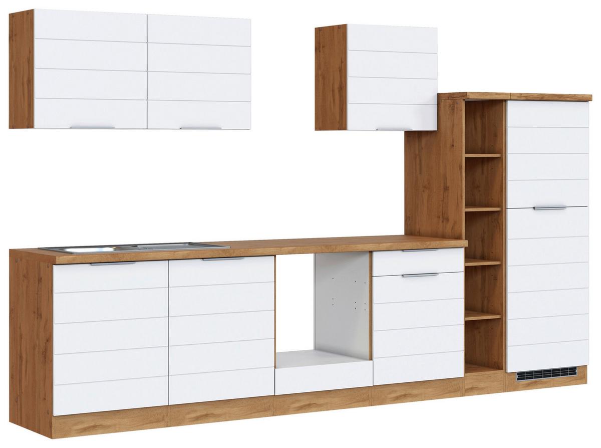 Küchenzeile Florenz ohne Geräte 330 cm Weiß/Eichefarben - Eiche Wotan/Weiß, Design, Holzwerkstoff (330cm) - Held