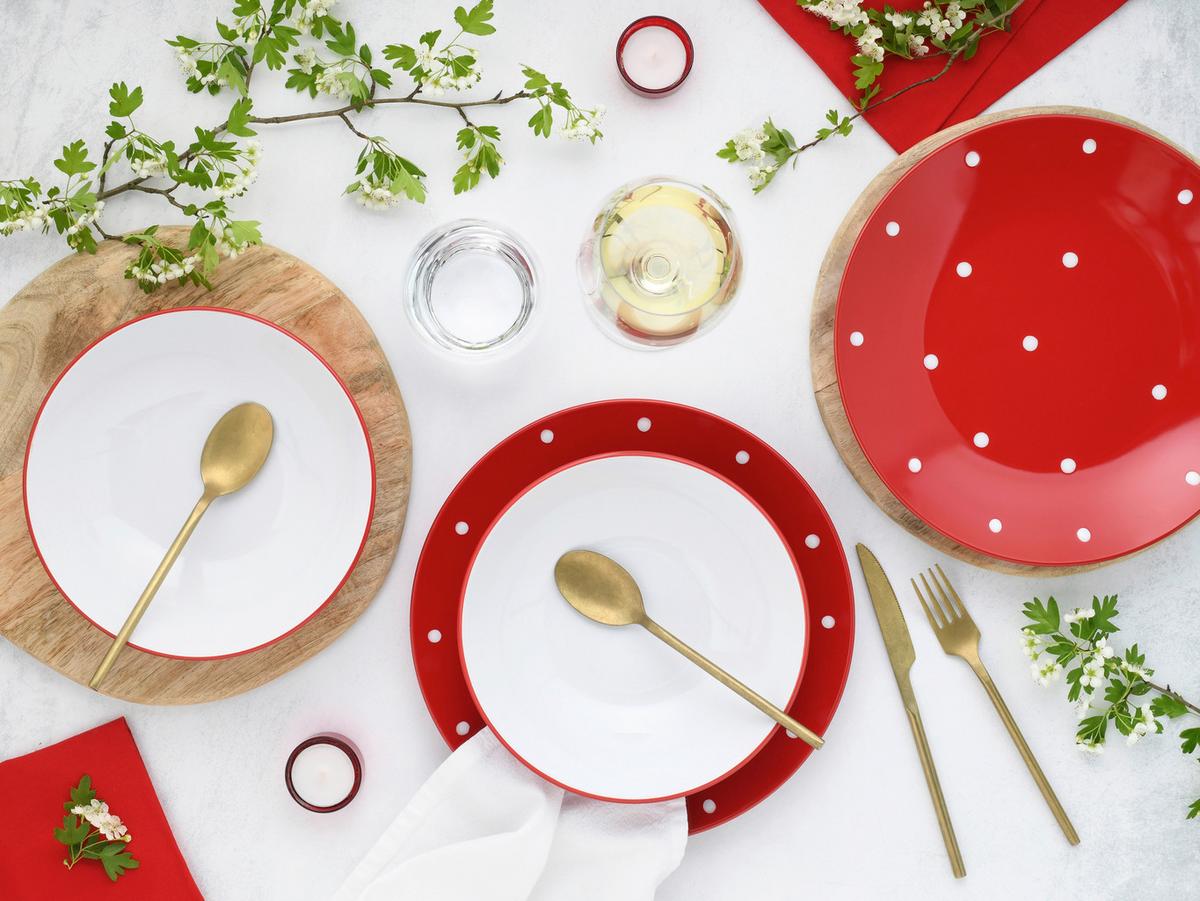 Tafelservice Polka Dots Rot/weiß, 6 Pers., 12-Teilig - Rot/Weiß, Basics, Keramik - Creatable