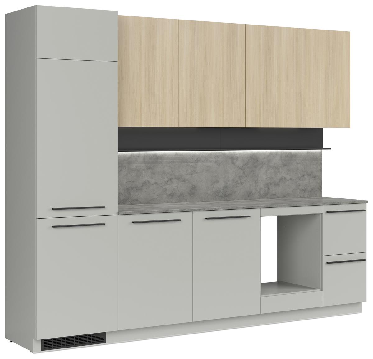 Kuchynská linka MILINO MEDIUM vrát.obkladu a LED regálu - čierna/sivá, Basics, kompozitné drevo/plast (285cm) - Visiona