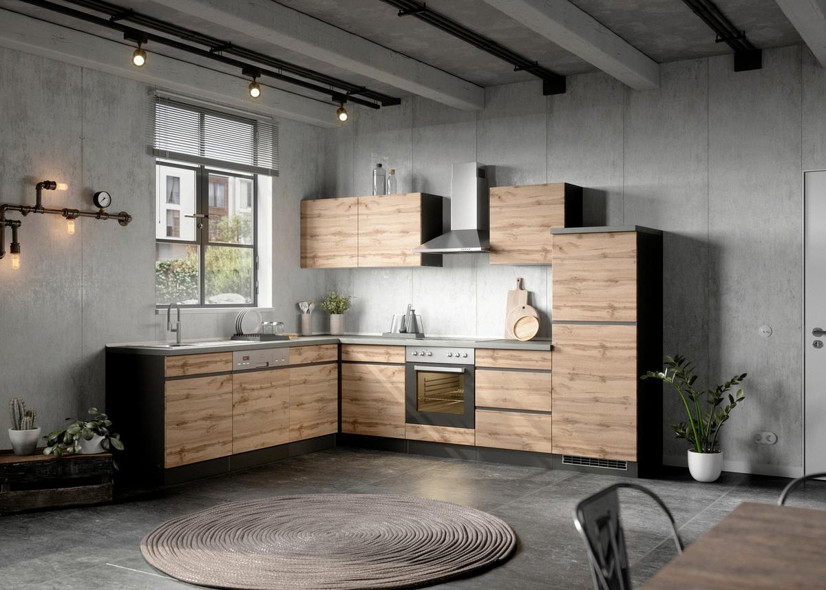 Eckküche Turin ohne Geräte 300x240 cm Graphitfarben/Eiche - Eiche Wotan/Graphitfarben, Design, Holzwerkstoff (300/240cm) - Held