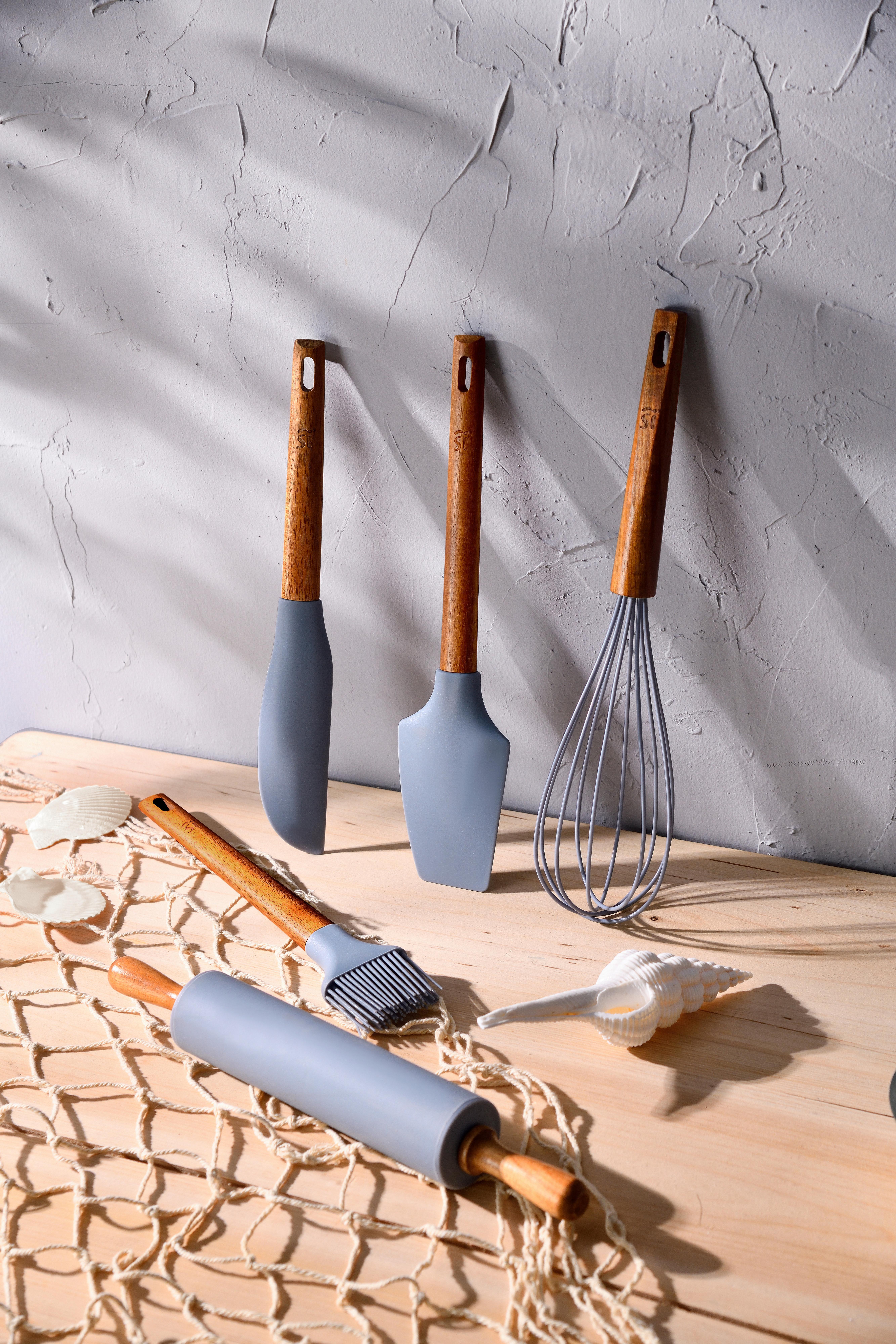 Küchenhelferset 5-Teilig Tools Set Hellblau/Akazie - Hellblau, Basics, Kunststoff (7.8/29,7/39.8cm)