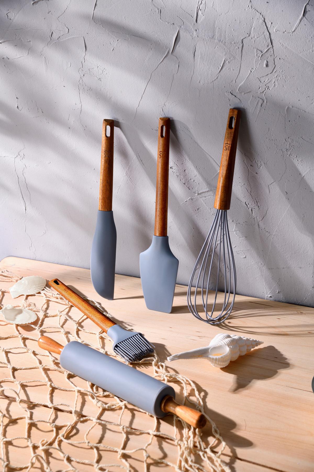 Küchenhelferset 5-Teilig Tools Set Hellblau/Akazie - Hellblau, Basics, Kunststoff (7.8/29,7/39.8cm)