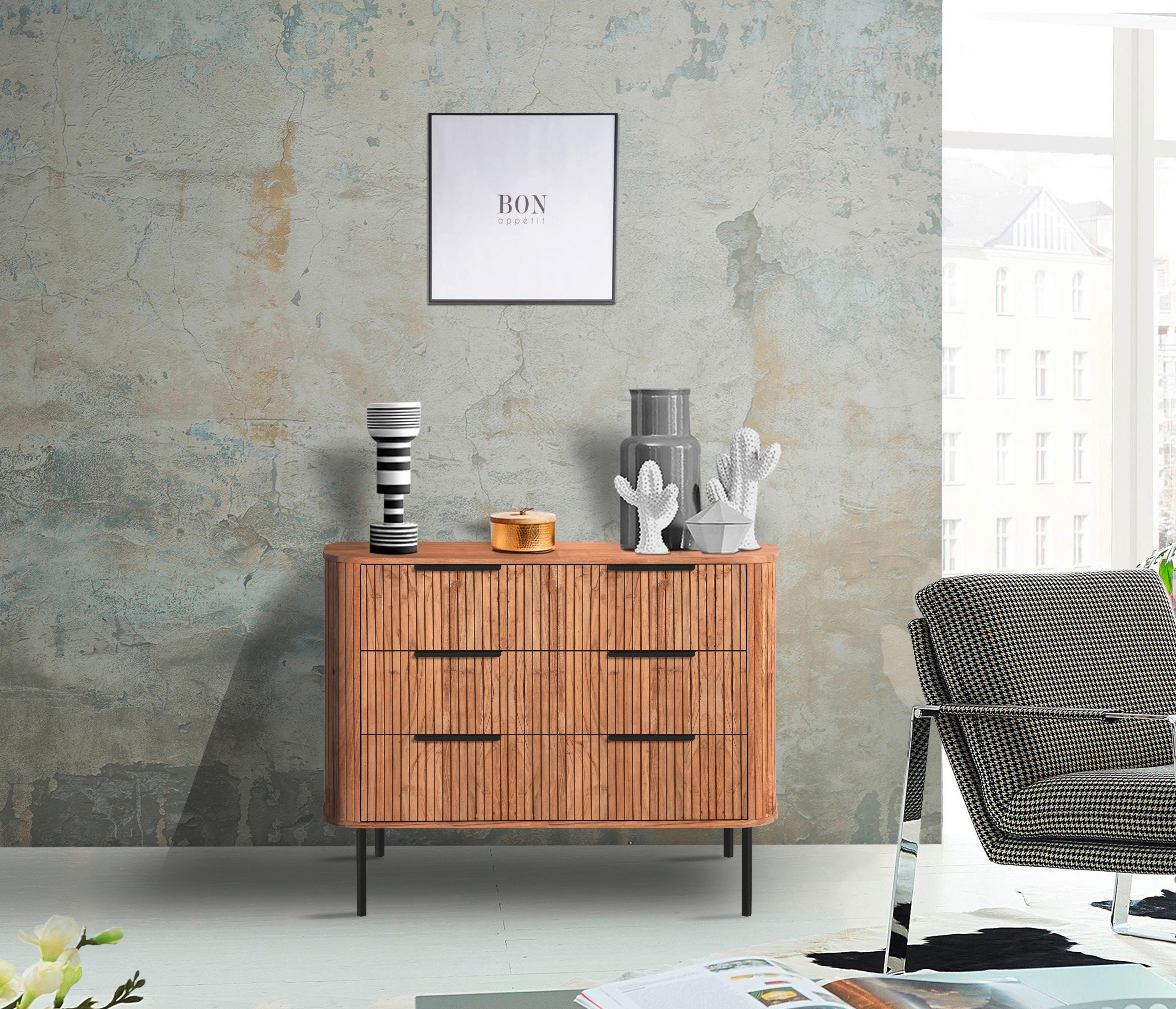 Kommode Kunja Akazie Massiv, B: 103 cm - Schwarz/Akaziefarben, Trend, Holz/Metall (103/80/45cm)