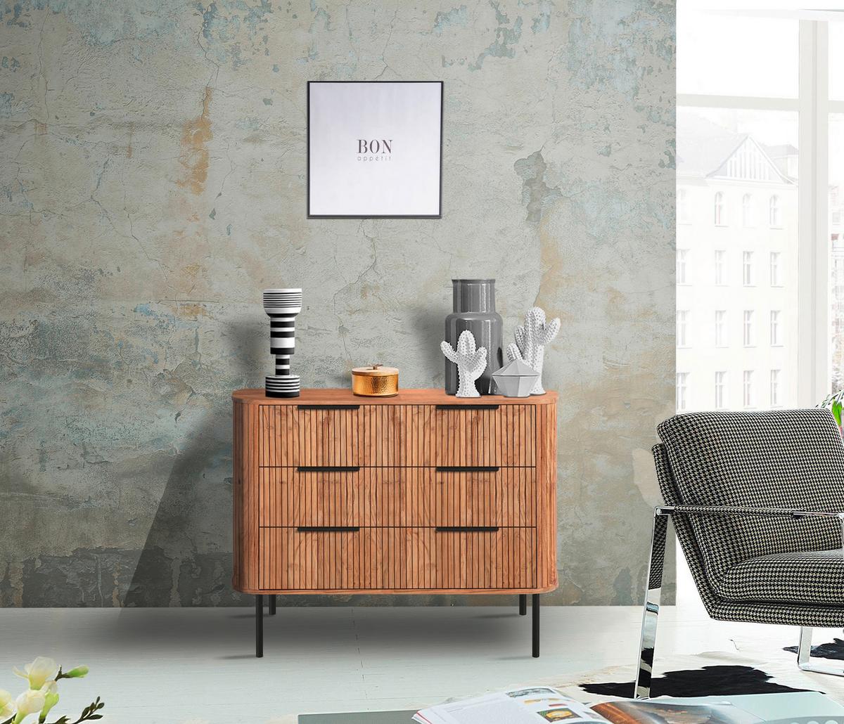 Kommode Kunja Akazie Massiv, B: 103 cm - Schwarz/Akaziefarben, Trend, Holz/Metall (103/80/45cm)