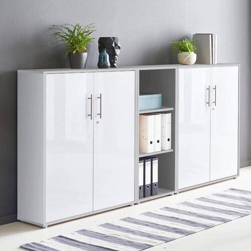 Office Edition B: 213 cm Grau/Weiß Hochglanz - Weiß Hochglanz/Grau, MODERN, Holzwerkstoff (213/114/33cm) - MID.YOU