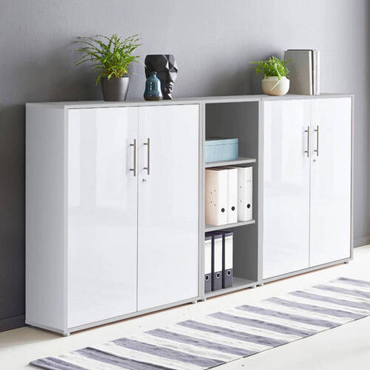 Office Edition B: 213 cm Grau/Weiß Hochglanz - Weiß Hochglanz/Grau, MODERN, Holzwerkstoff (213/114/33cm) - MID.YOU