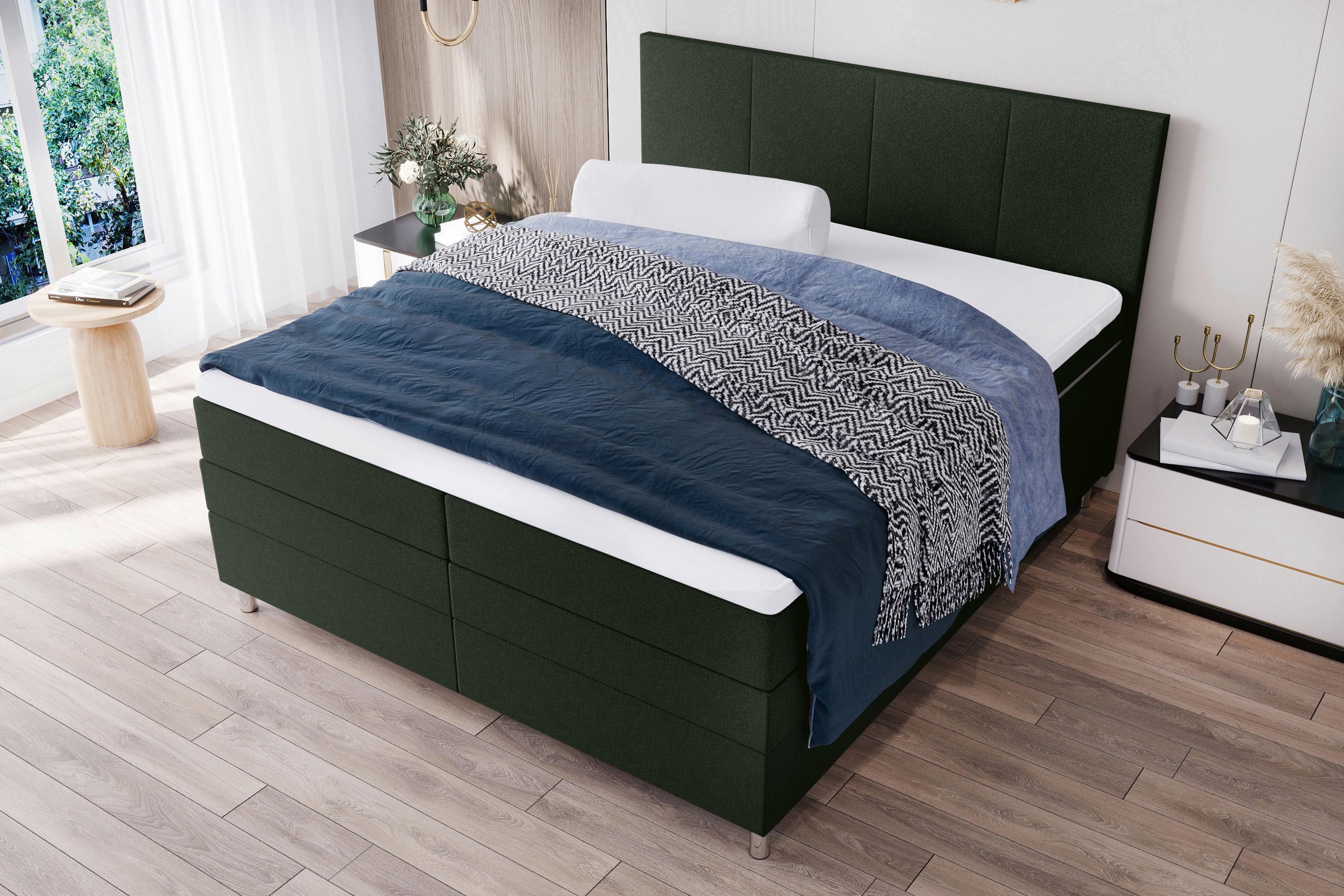 Boxspringbett mit Topper und Bettkasten 180x200 cm Messina - Chromfarben/Grün, KONVENTIONELL, Textil (180/200cm)