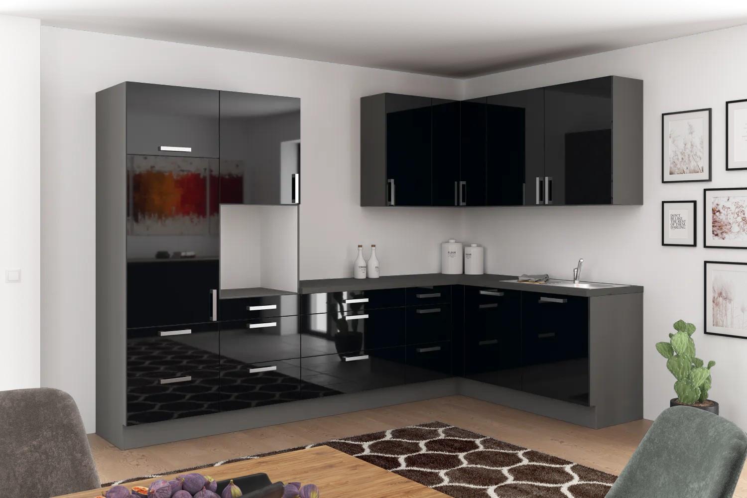 Eckküche Ip4050 ohne Geräte 320x185 cm Schwarz/Graphitfarben