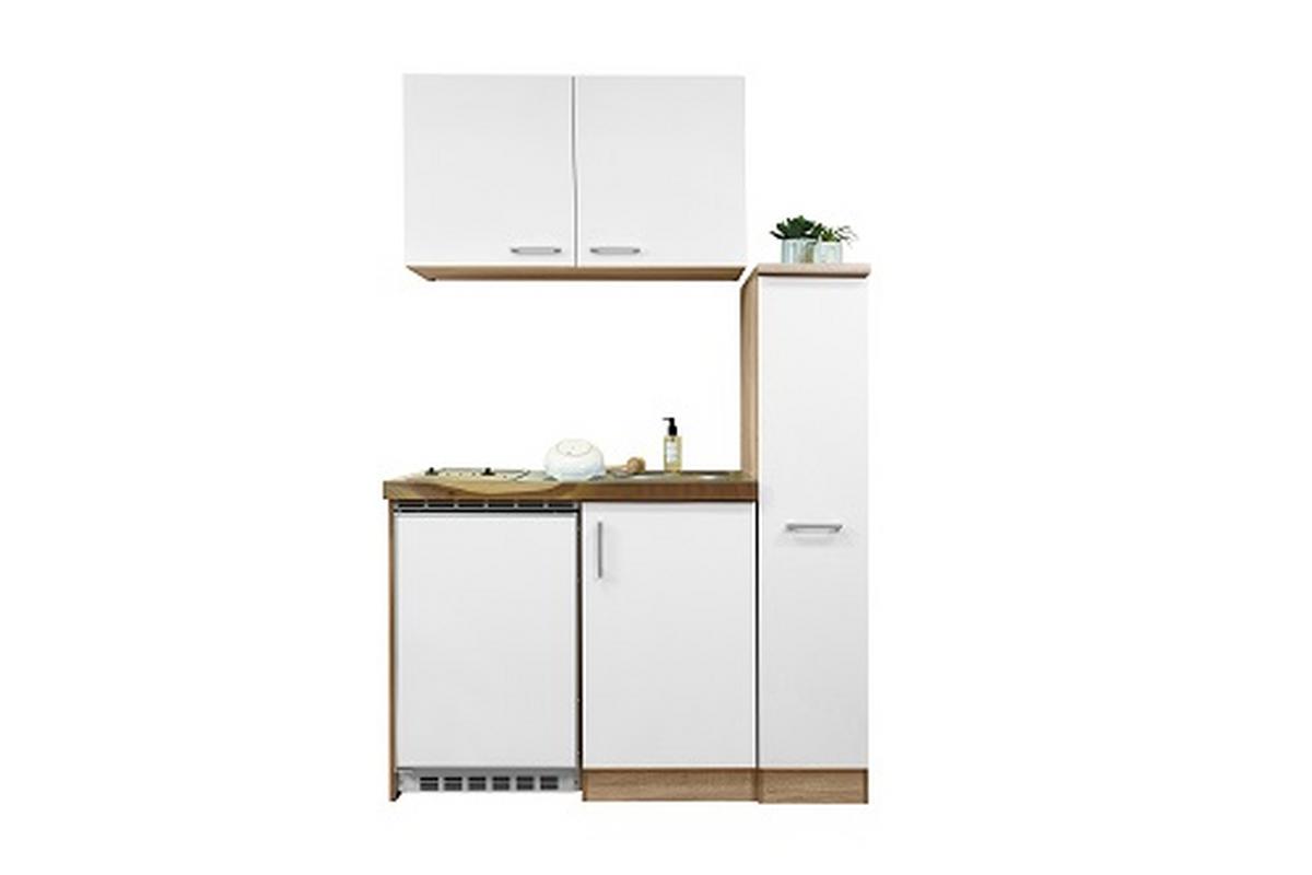 Miniküche mit Kühlschrank + Kochfeld 130 cm Weiß/Eiche - Edelstahlfarben/Eichefarben, MODERN, Holzwerkstoff/Metall (130cm) - Respekta