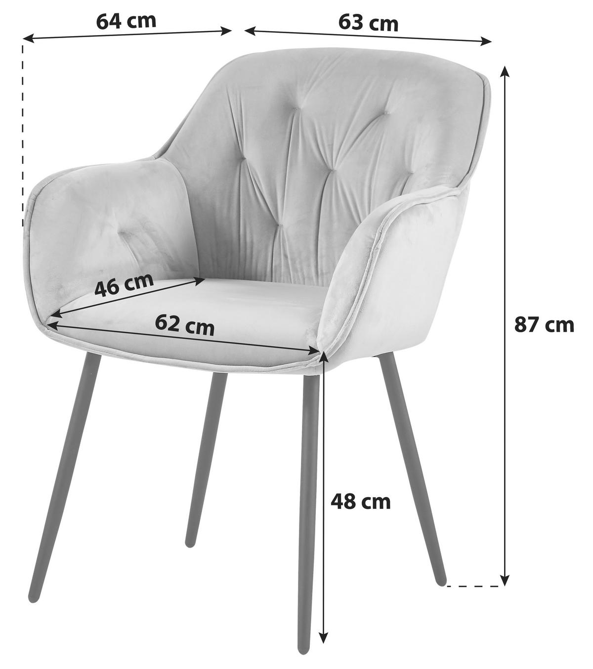 Armlehnstuhl Salerno Samtbezug Grau Gepolstert - Schwarz/Grau, MODERN, Textil/Metall (63/87/64cm) - MID.YOU