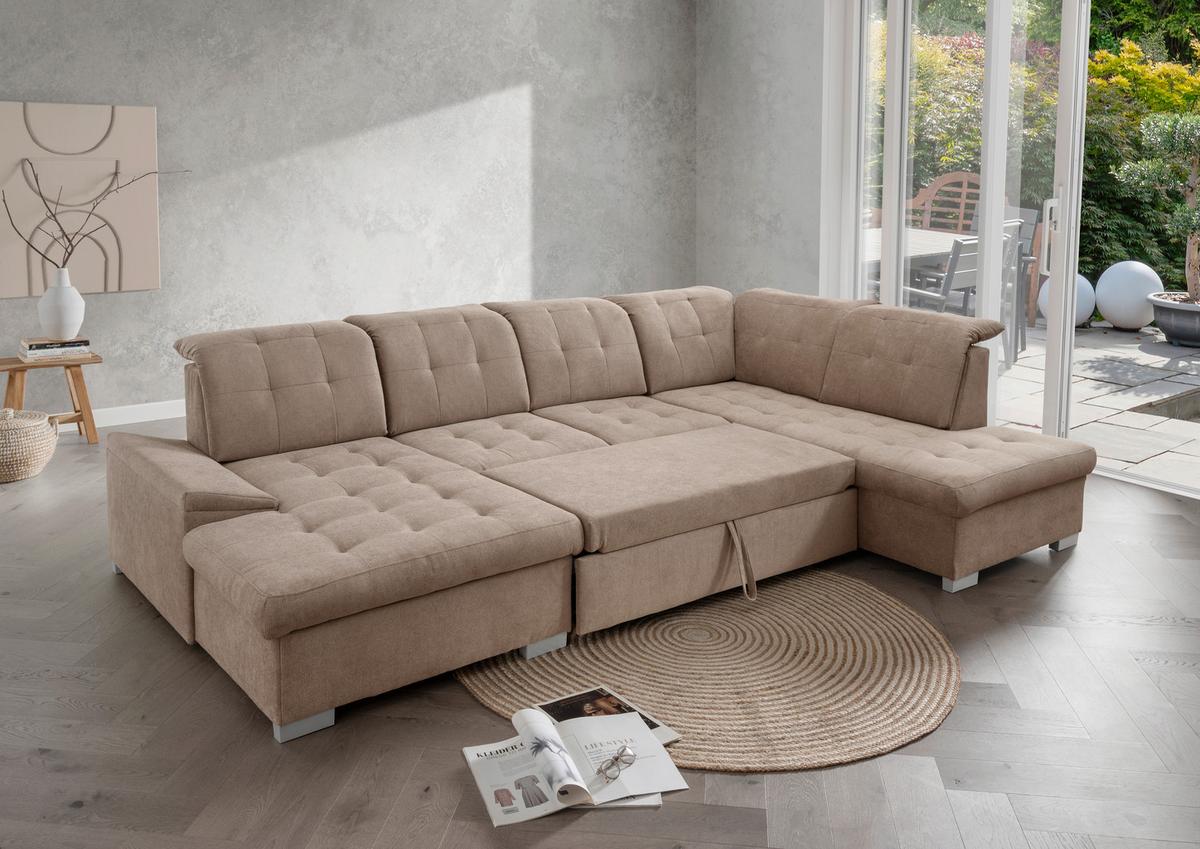 Wohnlandschaft Zira Hellbraun U: 169x330x212cm - Chromfarben/Hellbraun, MODERN, Textil (169/330/212cm) - Livetastic