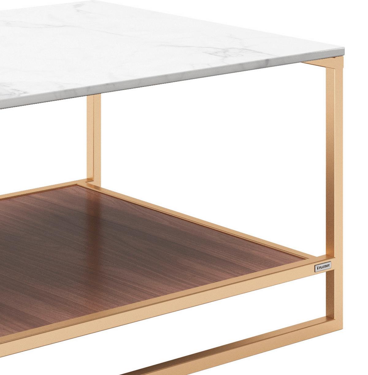 Couchtisch mit Ablagefläche Olivia, Weiß/Braun/Gold - Goldfarben/Nussbaumfarben, KONVENTIONELL, Holzwerkstoff/Metall (120/60/45cm) - Playboy