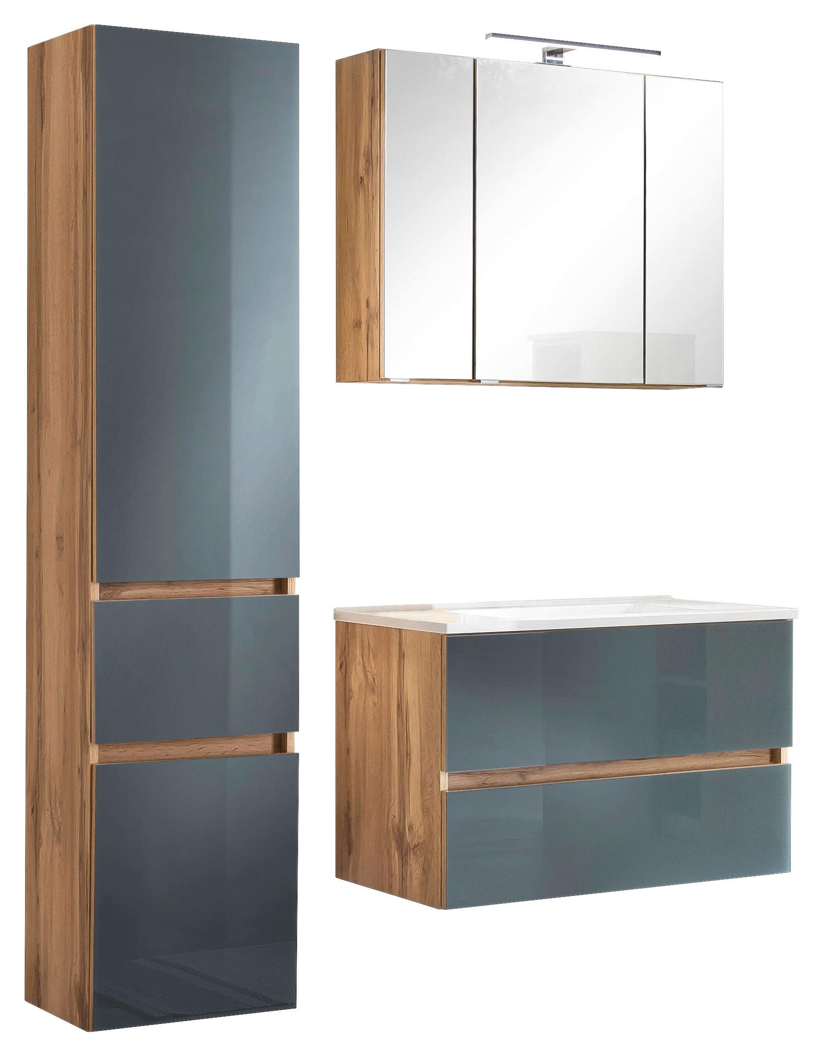 Badmöbel-Set 4-Tlg. inkl. LED Helsinki, Grau/Eiche - Eichefarben/Weiß, KONVENTIONELL, Glas/Holzwerkstoff (120cm) - Held