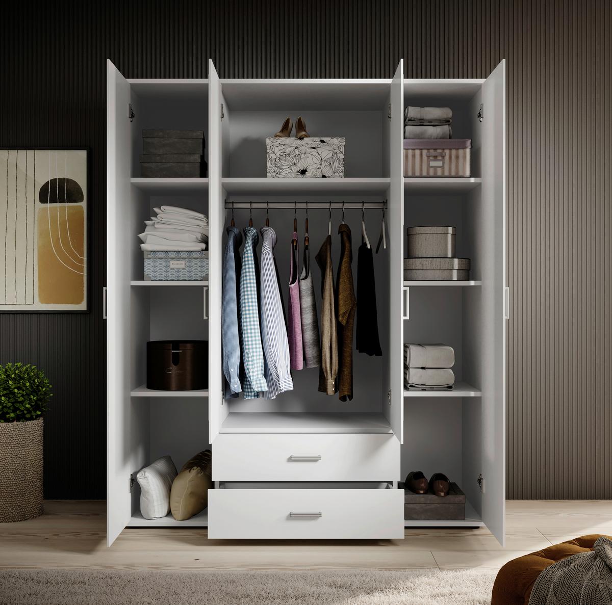 Drehtürenschrank Mit 2 Laden 160 cm Paul,weiß 4-Türig - Weiß, Basics, Glas/Holzwerkstoff (160/196/54cm)