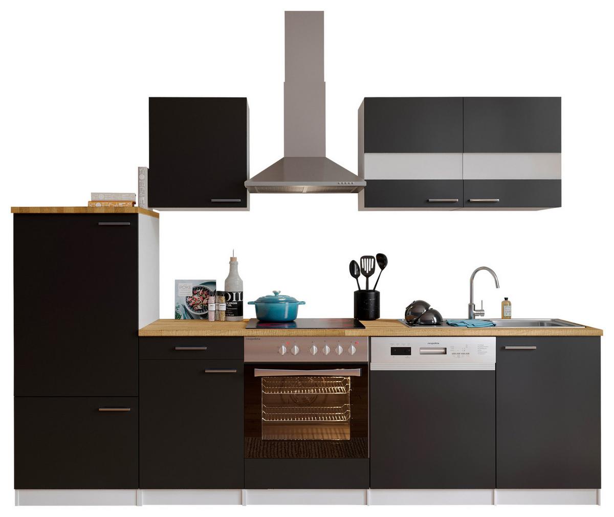 Küchenzeile ohne Geräte B: 280 cm Schwarz/Weiß/Eiche Dekor - Eichefarben/Schwarz, Basics, Holzwerkstoff (280/200/60cm) - Respekta