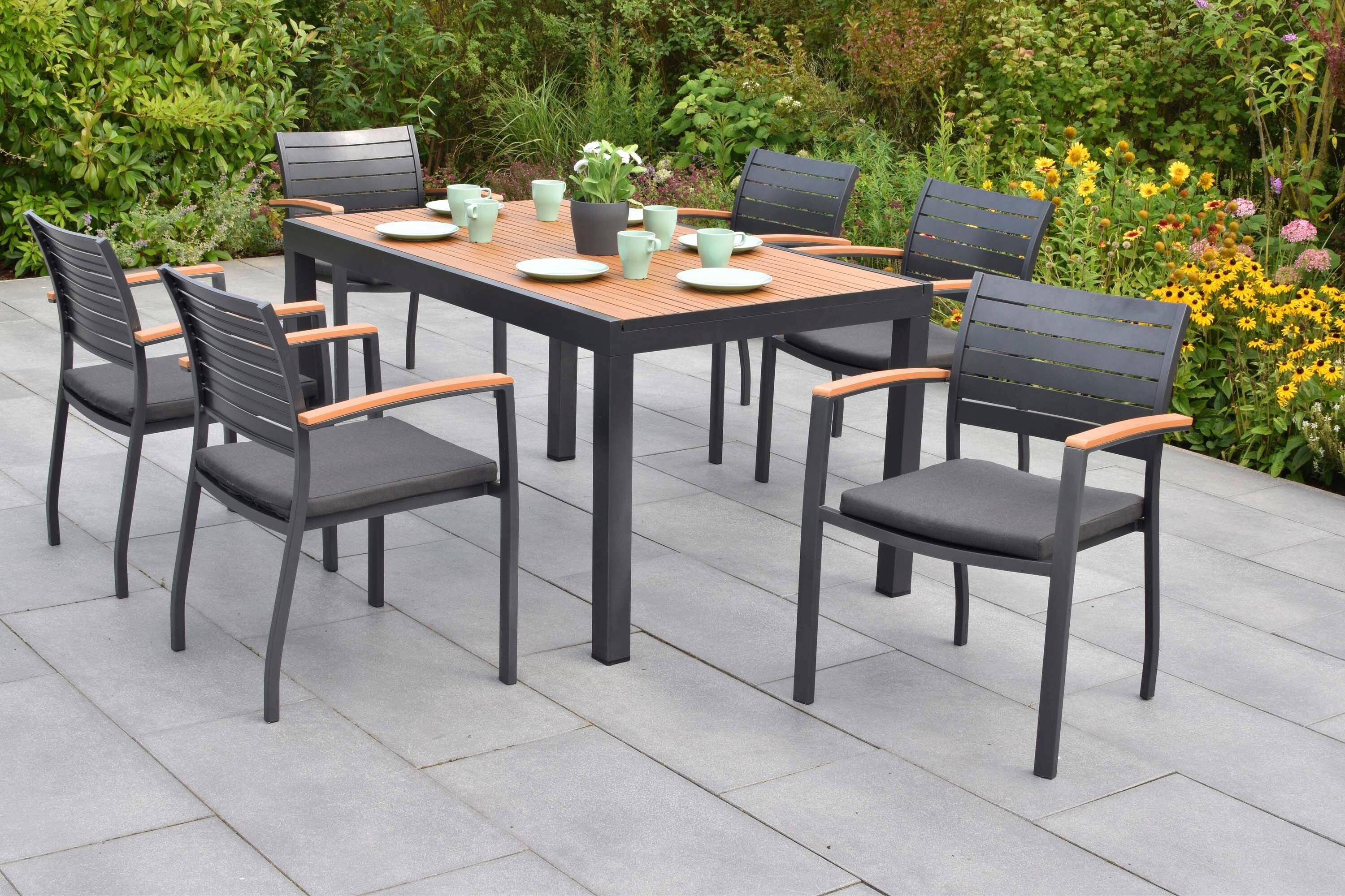 Gartentischgruppe 7-teilig. Set inkl. Sitzkissen - Graphitfarben/Naturfarben, KONVENTIONELL, Kunststoff/Textil - Gardenson