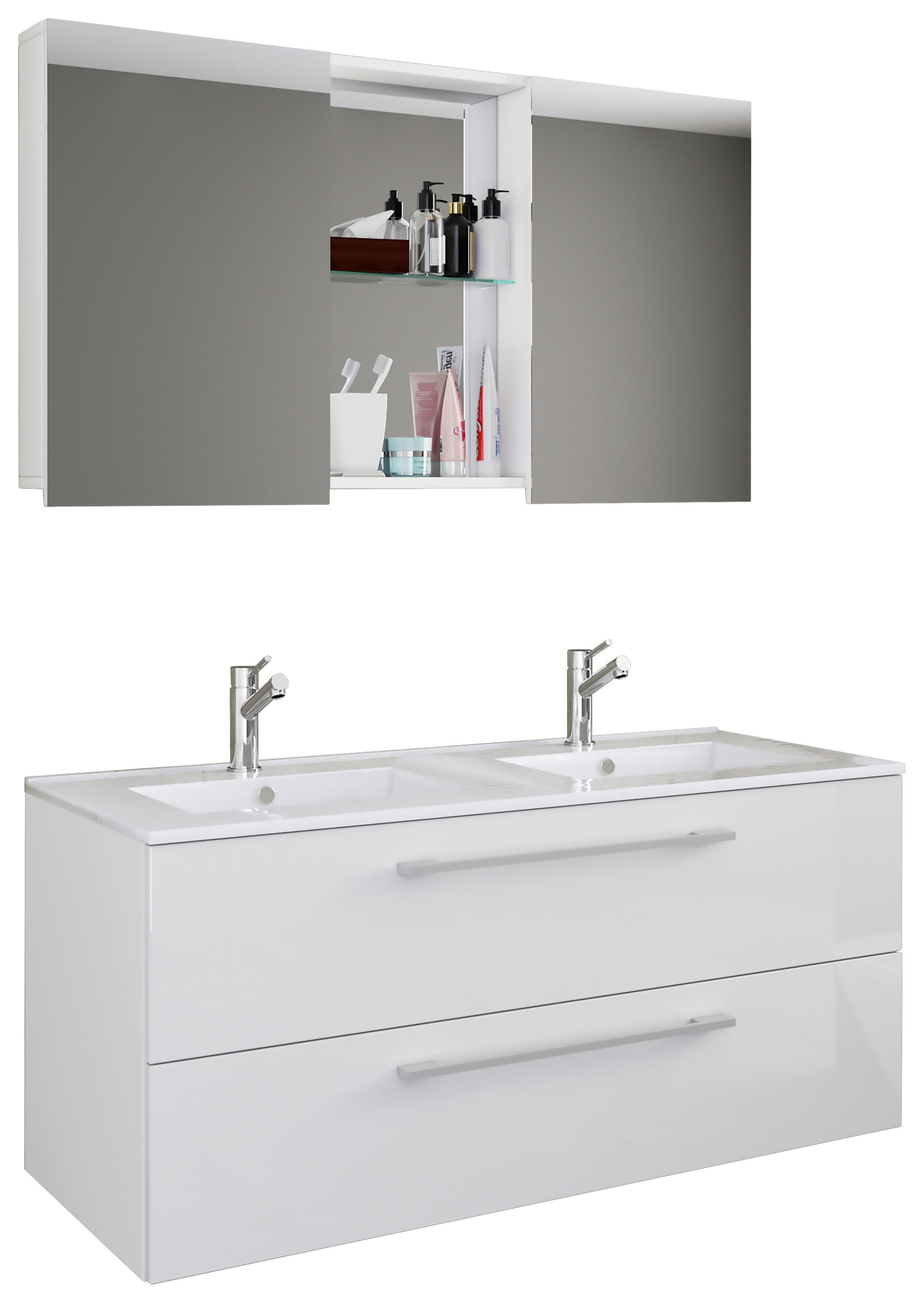 Badmöbel-Set 3-Tlg. Budasi B: 112 cm Weiß Dekor - Weiß, MODERN, Keramik/Holzwerkstoff (112cm) - MID.YOU