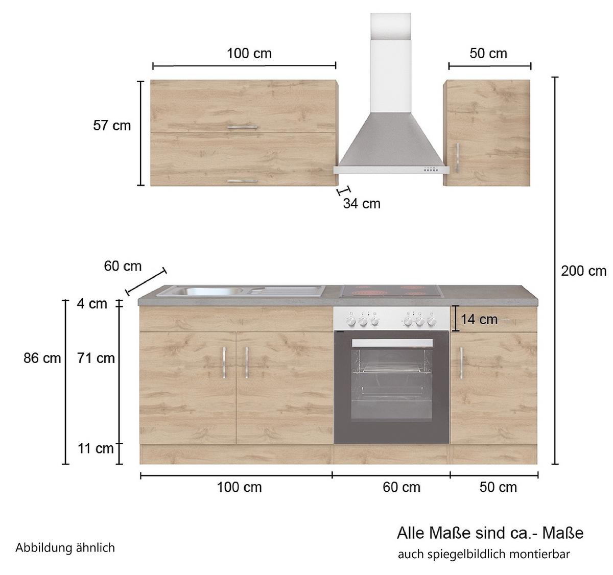 Küchenzeile Sorrento ohne Geräte B: 210 cm Eichefarben - Schieferfarben/Eiche Wotan, MODERN, Holzwerkstoff (210cm) - Held