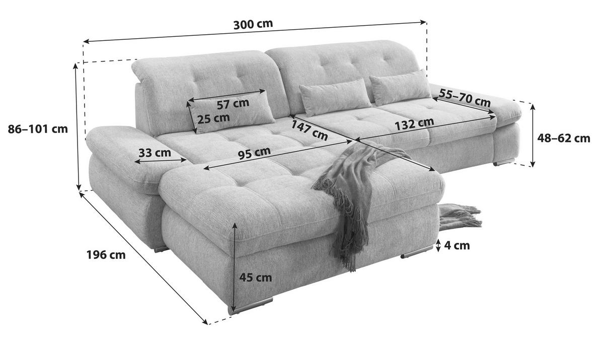 Ecksofa mit Schlaffunktion Dalida Hellblau Chenille - Chromfarben/Hellblau, Design, Textil (196/300cm) - Livetastic