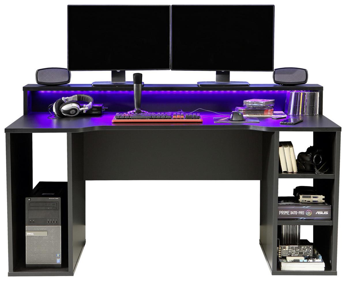 Gaming Tisch Mit Stauraum Und Aufsatz B 160cm H 91cm Tezaur - Schwarz, MODERN, Holzwerkstoff/Kunststoff (160/72/91cm) - MID.YOU