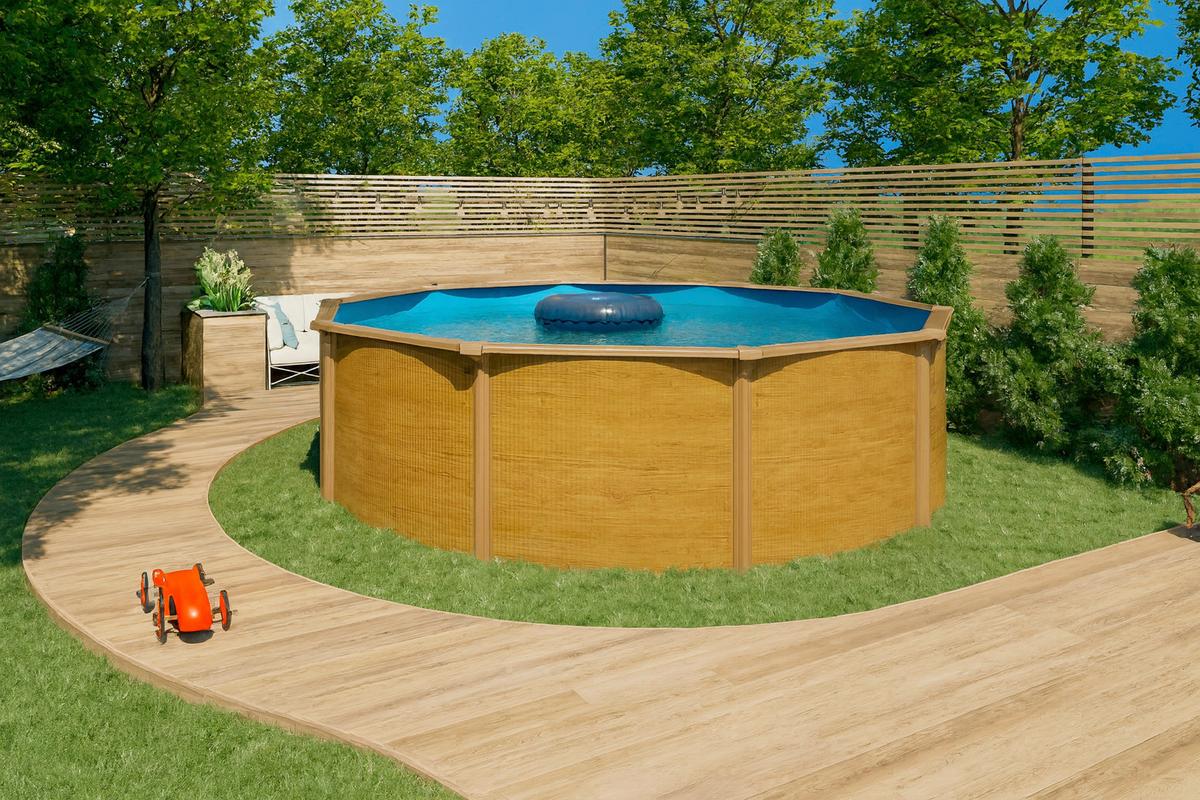 Pool-Set Steely De Luxe Wood 3-teilig, Laufruhige Pumpe - Hellbraun/Hellblau, Basics, Metall (490/120cm)