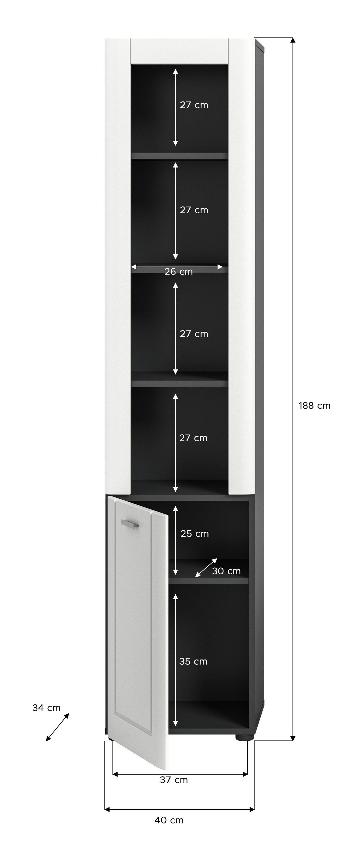 Badezimmer Hochschrank Lago 40x188 cm Weiß Matt/ Grau - Schwarz/Weiß, MODERN, Holzwerkstoff (40/188/34cm) - MID.YOU