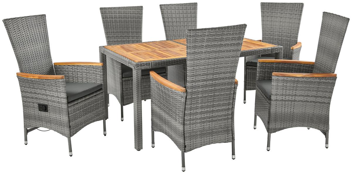 Gartengarnitur Korfu 7-teilig Aus Poly-Rattan Mit Kissen - Grau, MODERN, Holz/Kunststoff (150/90/75cm) - Luca Bessoni