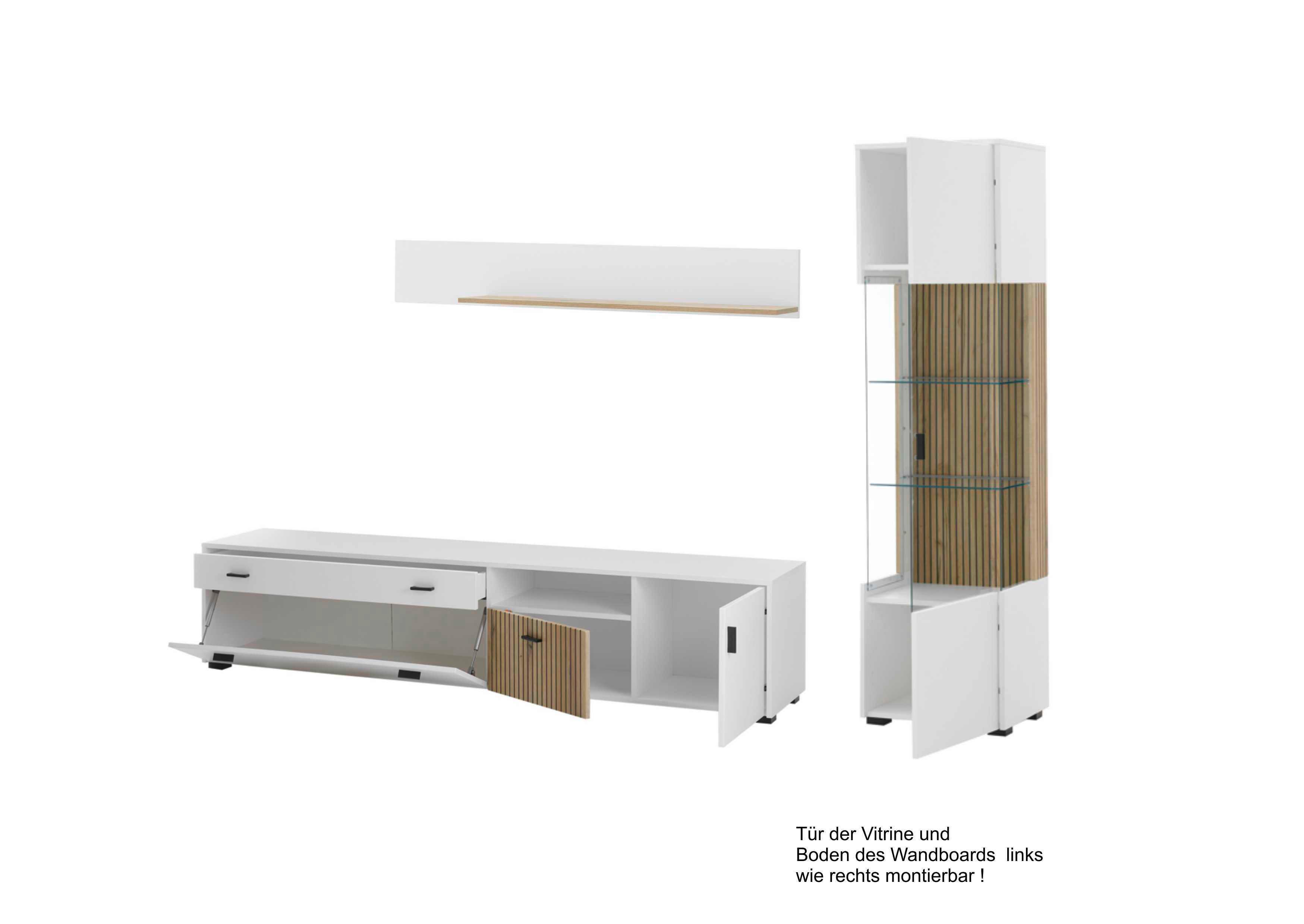 Hudson Wohnwand Weiß/Eichefarben B: 258 cm - Eichefarben/Schwarz, Design, Glas/Holzwerkstoff (258/180/42cm) - MID.YOU