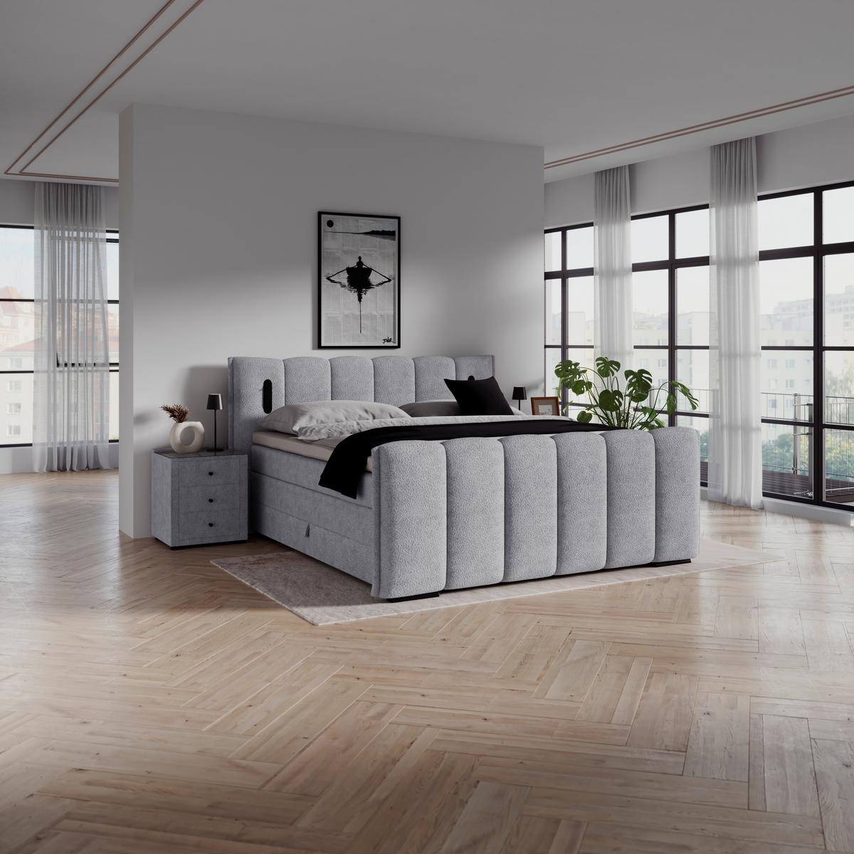 Boxspringbett Elysia inkl. Bettkasten 180x200 - Hellgrau/Schwarz, Trend, Holz/Holzwerkstoff (180/200cm) - Luca Bessoni