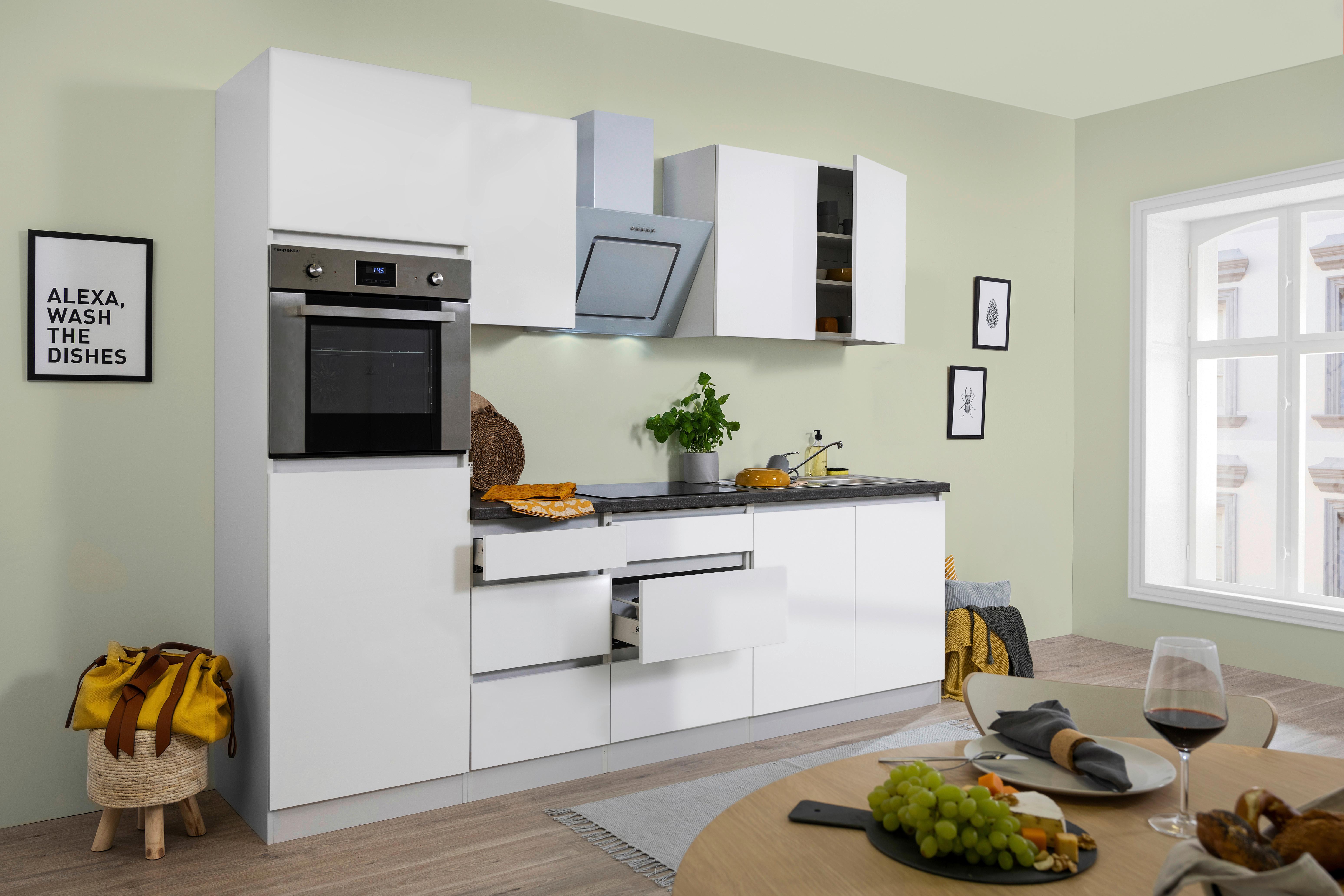 Küchenzeile Premium m. Geräten 270 cm Weiß modern - Weiß/Braun, MODERN, Holzwerkstoff (270cm) - Respekta