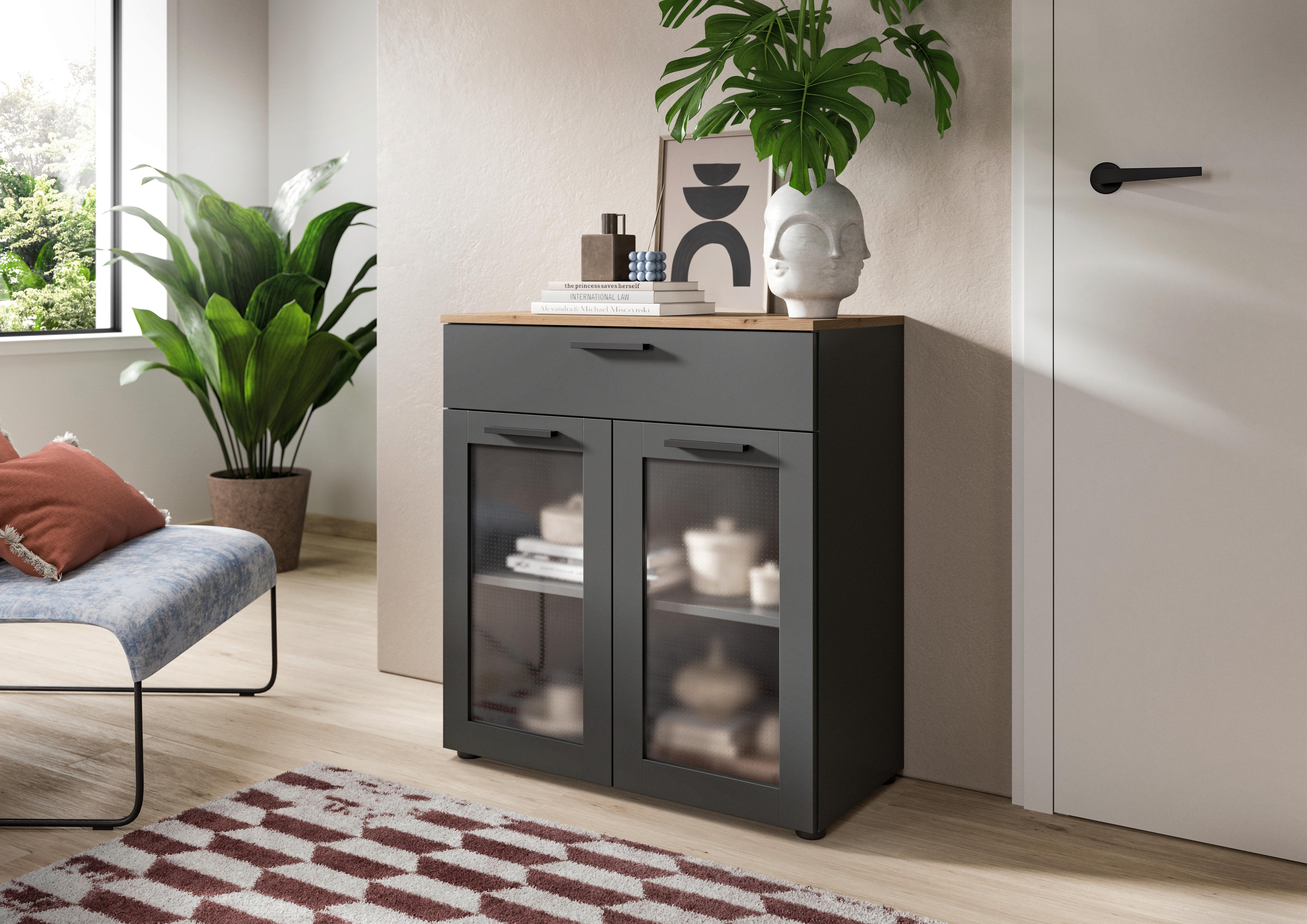 Kommode Niklas Grau/Eiche Dekor B: 78 cm - Schwarz/Eiche Artisan, Design, Glas/Holzwerkstoff (78/84/38cm) - MID.YOU