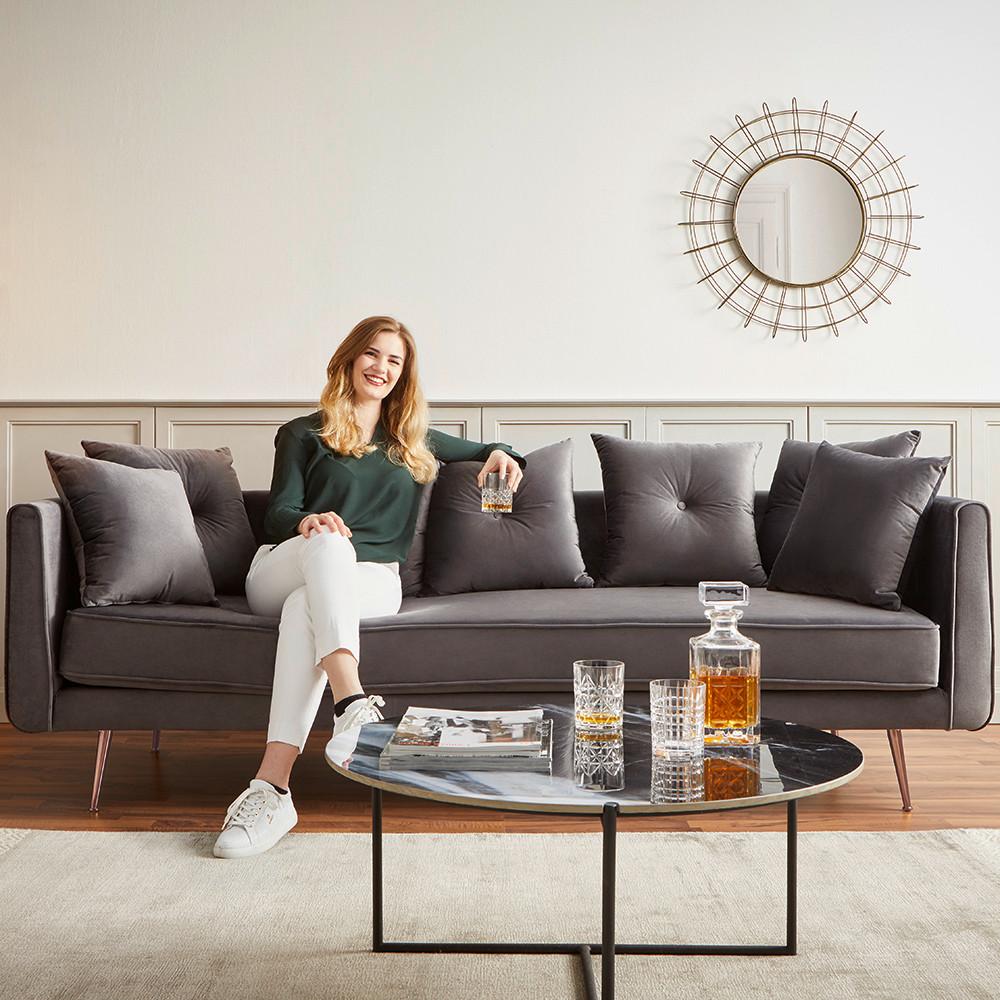 Pohovka Big Sofa LUIS, šedý samet - šedá/barva růžového zlata, Moderní, kov/dřevo (225/87/87cm) - Bessagi Home