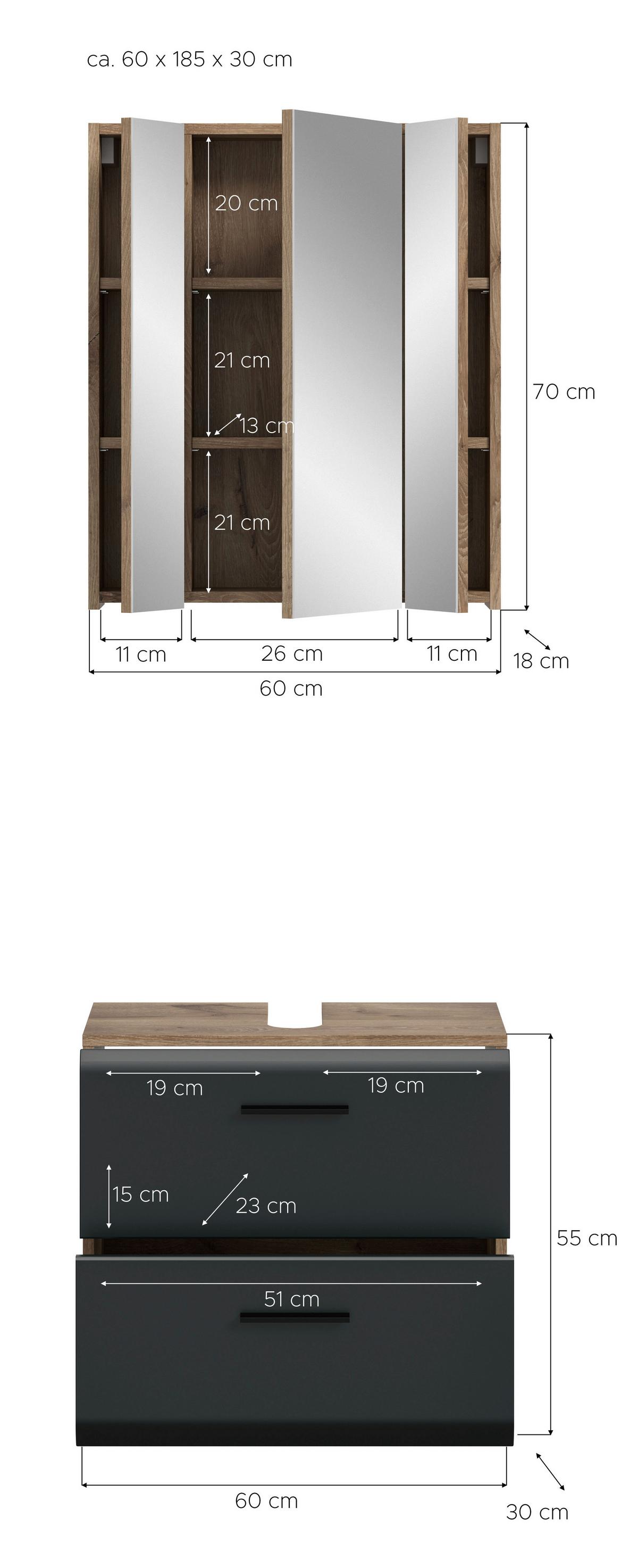 Badezimmer Ice Schwarz/Eiche Dekor B: 60cm - Eiche dunkel/Schwarz, Basics, Holzwerkstoff (60cm) - MID.YOU