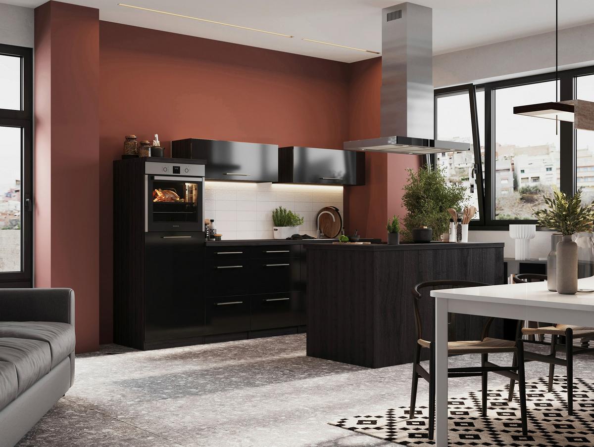 Küchenzeile Premium mit Geräte 280 cm Grau/Schwarz +kochinsel - Eichefarben/Schwarz, Basics, Holzwerkstoff (280/160cm) - Respekta