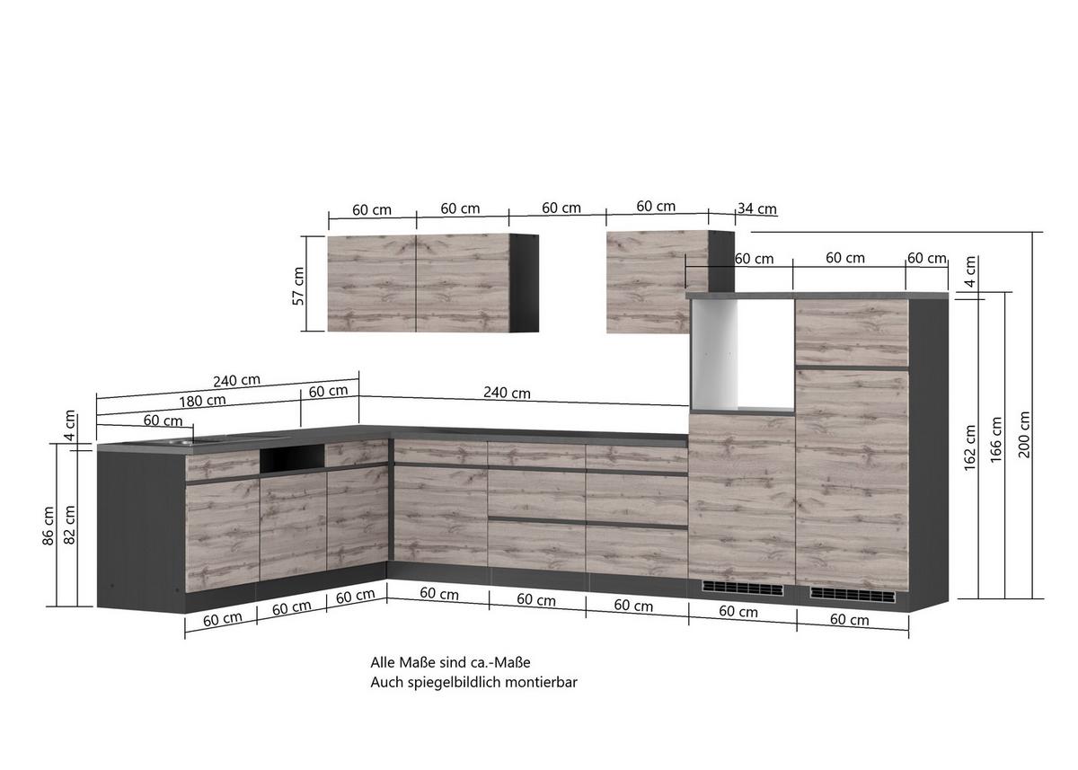 Eckküche Turin Ohne Geräte 360x240 Cm Grau/eiche Dekor - Eiche Wotan/Grau, Design, Holzwerkstoff (360cm) - Held