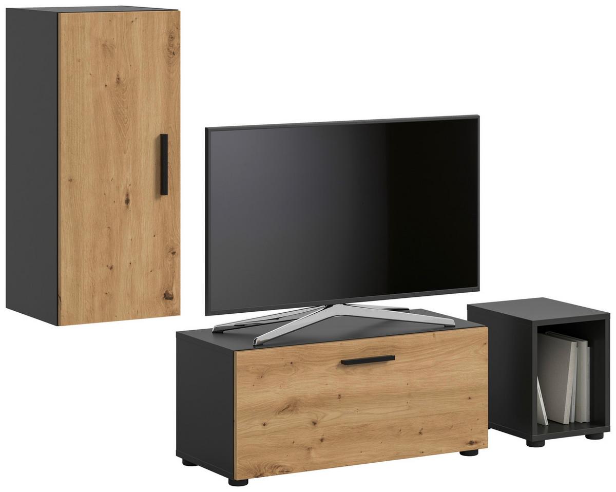 Wohnwand, The One Artisan Eiche Dekor/grau - Schwarz/Eiche Artisan, Trend, Holzwerkstoff (75/32/35/77/33cm)
