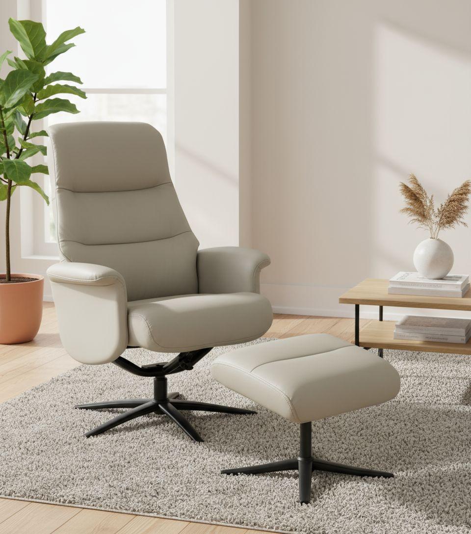 Relaxsesselset Repose Hellgrau B: 76 cm - Hellgrau/Schwarz, Design, Leder/Textil (76/107/79cm) - Livetastic