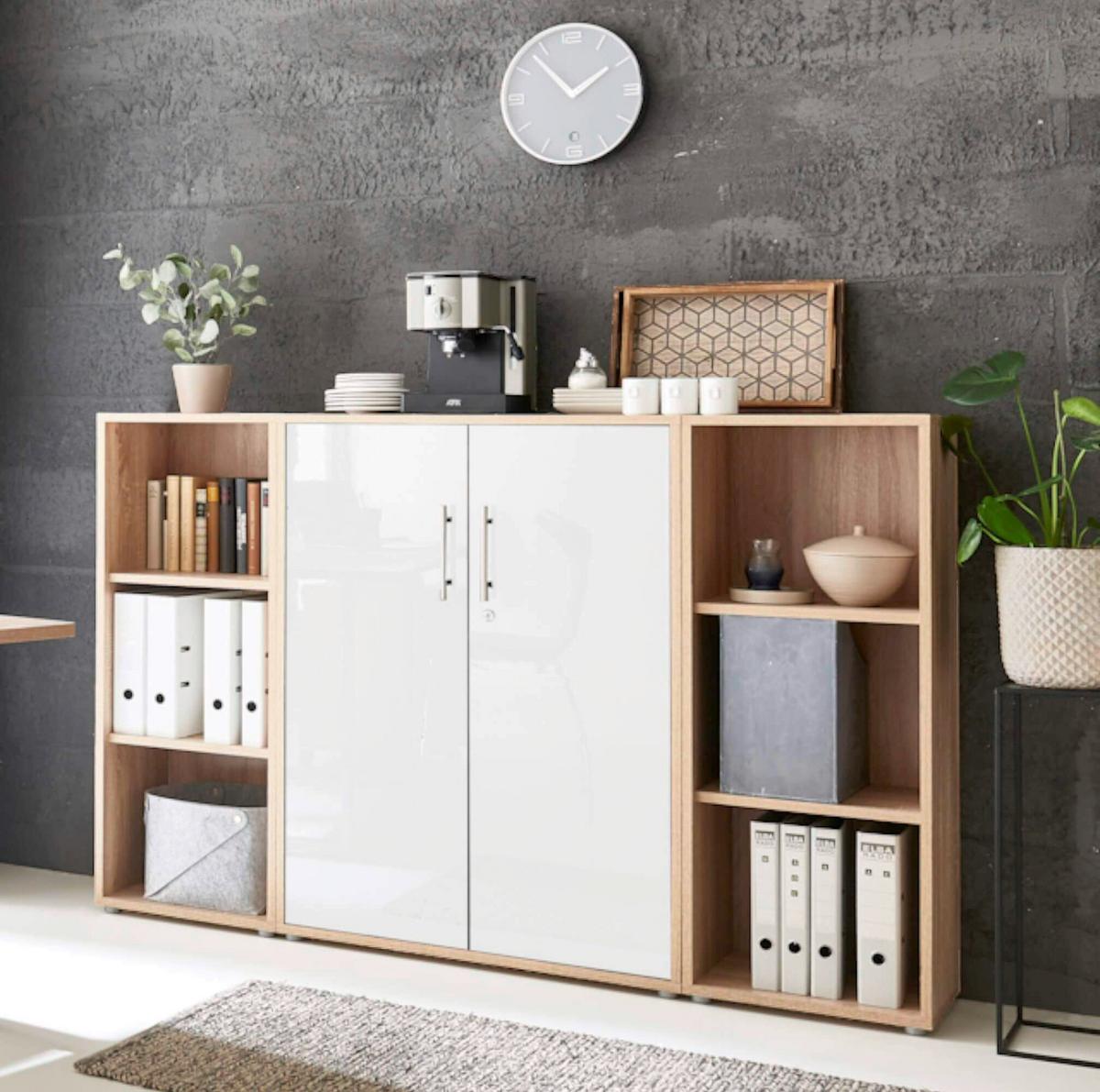 Büro Office Edition Eiche Dekor/weiß Hochglanz - Weiß Hochglanz/Sonoma Eiche, MODERN, Holzwerkstoff/Metall - MID.YOU