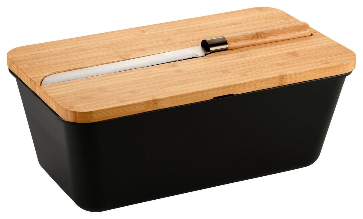 Brotbox Schwarz mit Messer - Hellbraun/Schwarz, Basics, Holz/Kunststoff (34,8/20/15,5cm) - Kesper