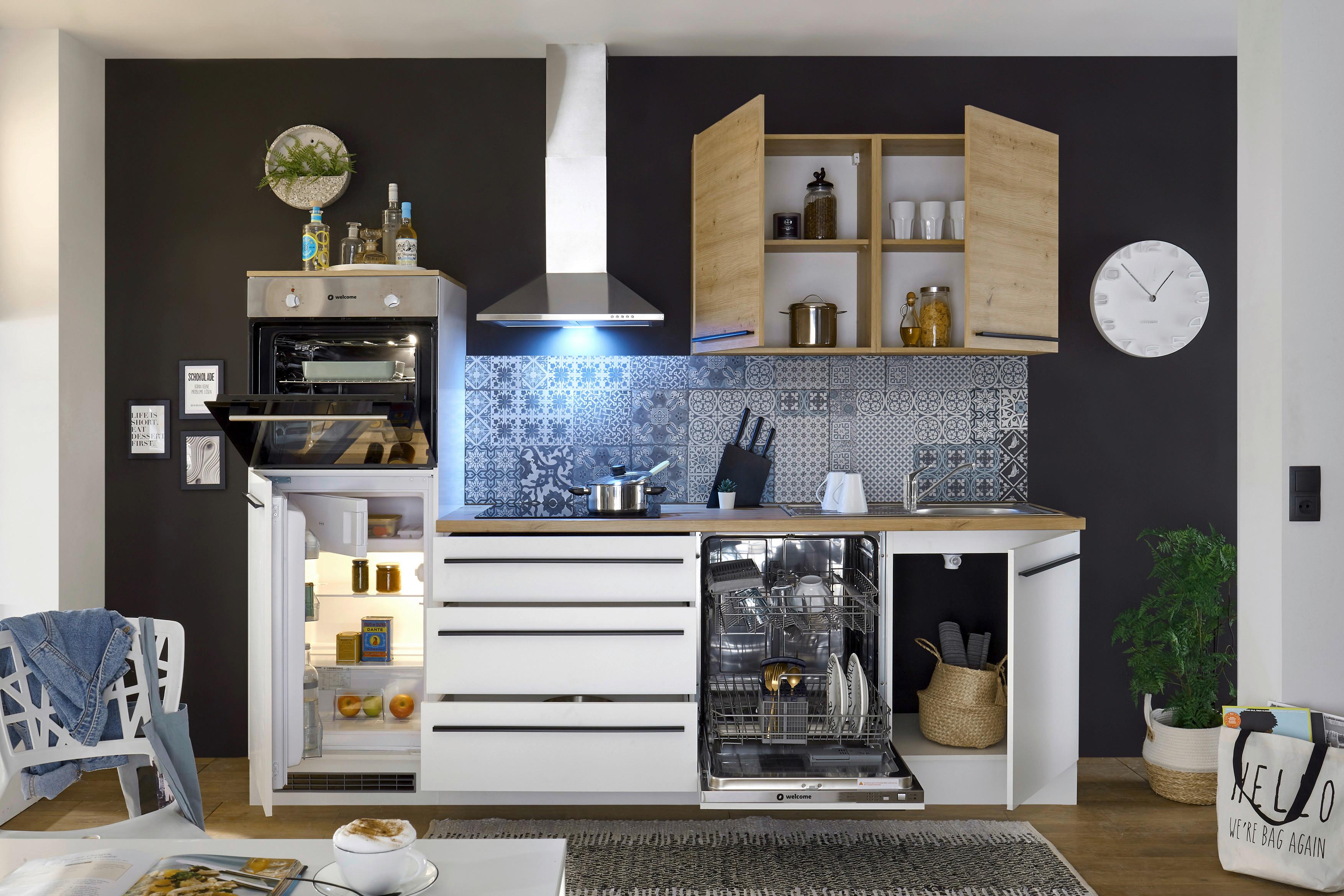 Küchenblock Noah Weiß/ Eiche mit E-Geräten - Weiß/Eiche Artisan, Basics, Holzwerkstoff (260cm) - MID.YOU