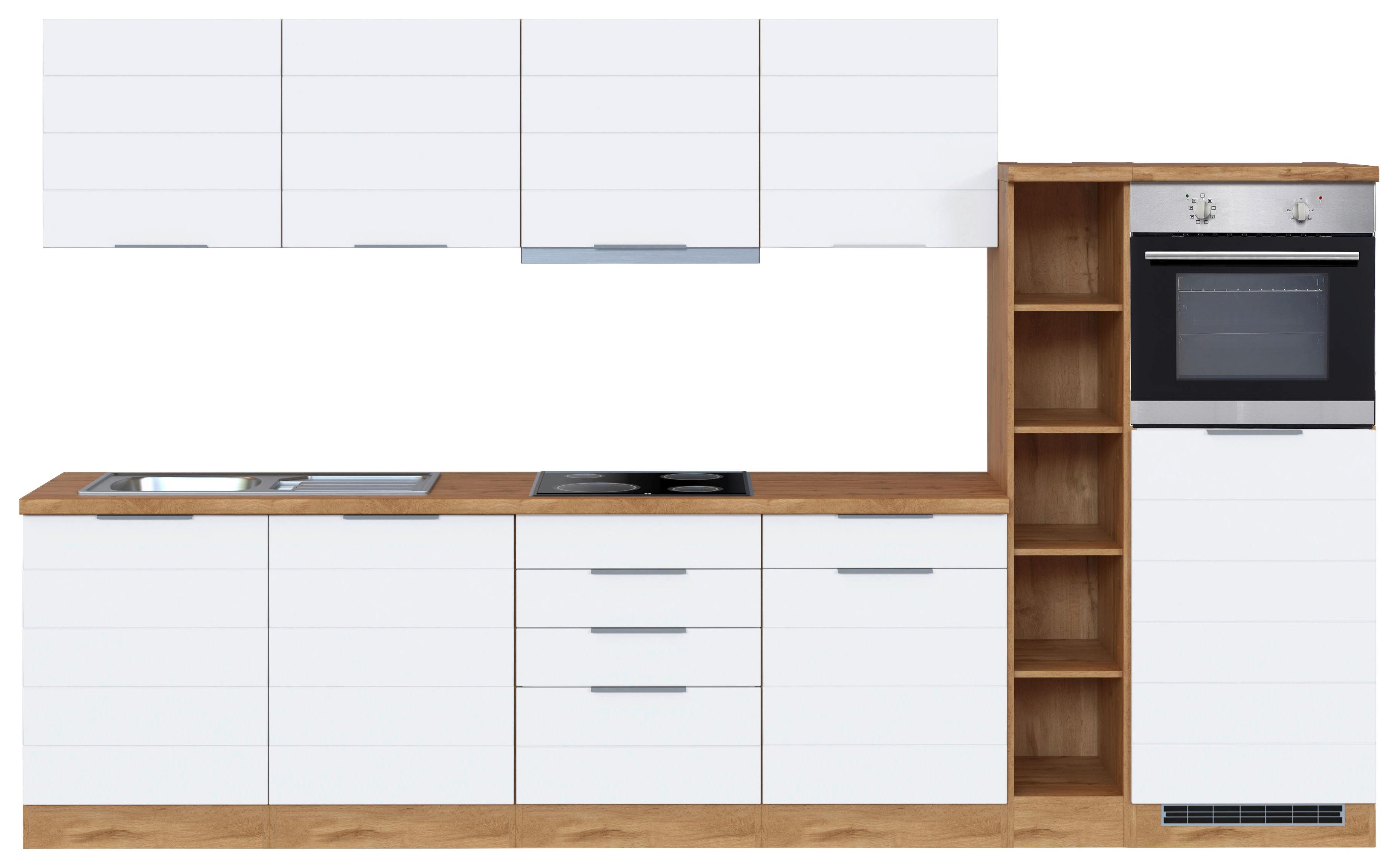 Küchenzeile Florenz mit Geräten 330 cm Weiß/Eichefarben - Eiche Wotan/Weiß, Design, Holzwerkstoff (330cm) - Held