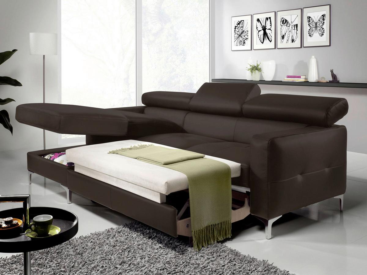 Ecksofa Mit Schlaffunktion Sammy Dunkelbraun Leder - Chromfarben/Dunkelbraun, Design, Leder (168/227cm) - Livetastic