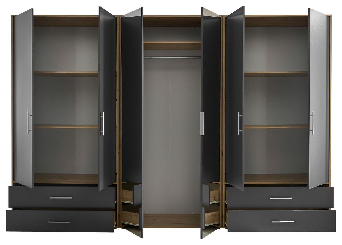Kleiderschrank Velas, Eiche Artisan, Graphit , B: 302 Cm - Graphitfarben/Eiche Artisan, KONVENTIONELL, Glas/Holzwerkstoff (305/207/58cm)