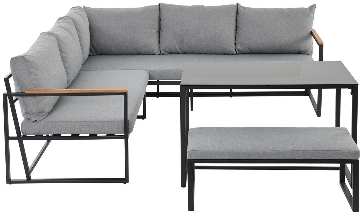 Loungegarnitur 3-tlg. Catania Stahl/holz/textil Mit Kissen - Schwarz/Grau, MODERN, Glas/Holz (206/206cm) - Beldano