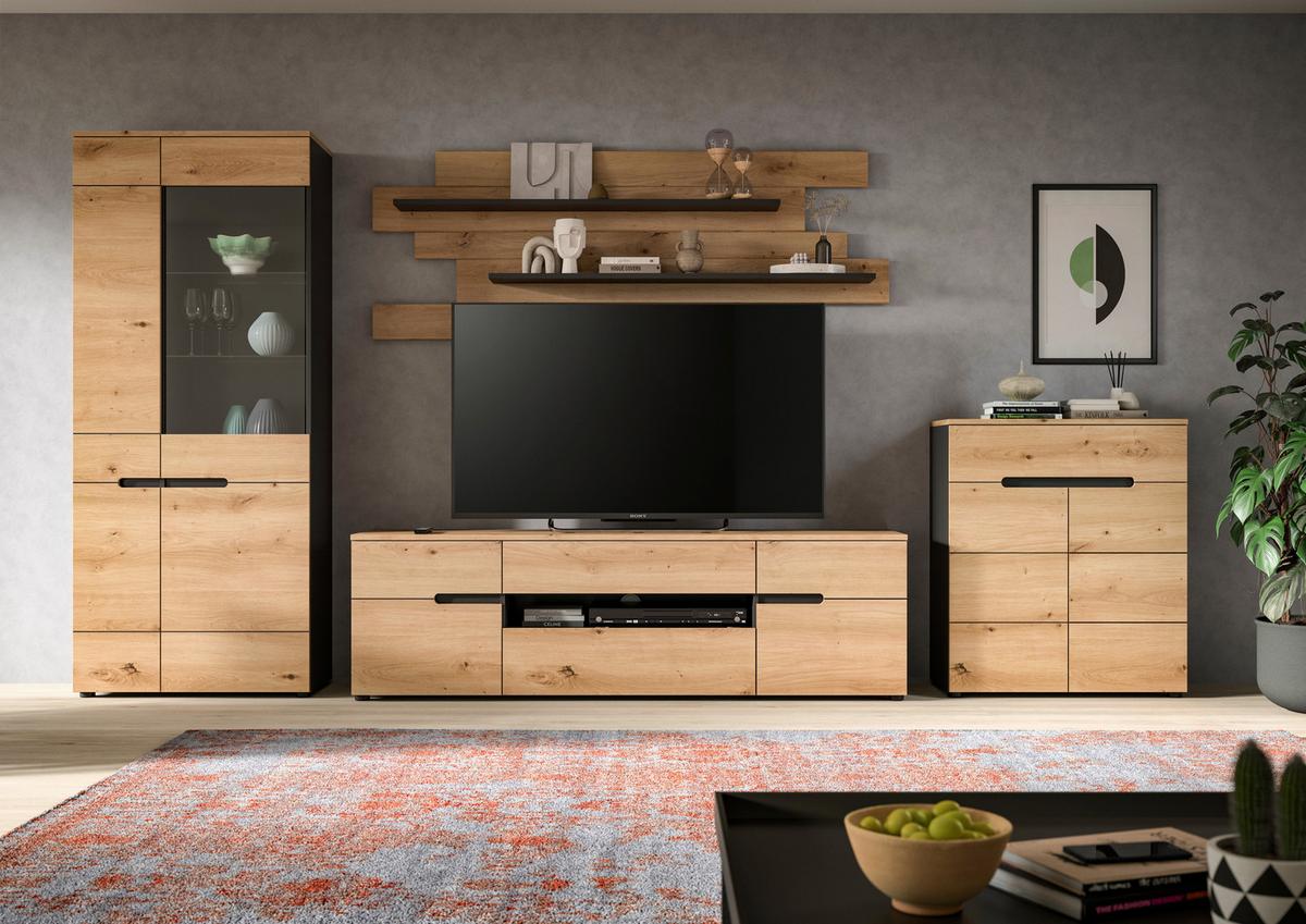 Wohnwand Canu Eiche Artisan Dekor B: 375cm - Schwarz/Eiche Artisan, Design, Holzwerkstoff (375/190/44cm) - Livetastic