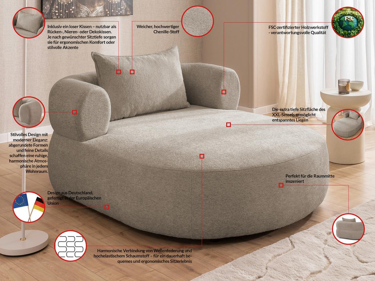 Xxl-sessel Ferro Hellbraun B: 122 Cm - Hellbraun/Schwarz, Design, Textil (122/76/156cm) - Livetastic